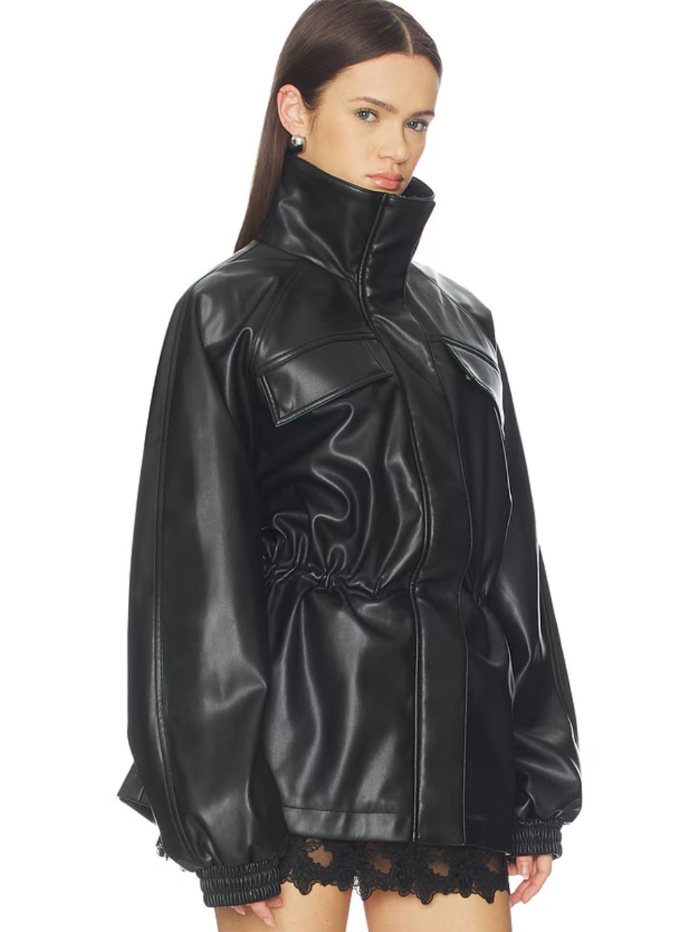 All the ways cinched waist, funnel neck, faux leather Black Women's Jacket